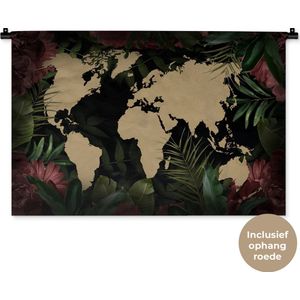 Wandkleed WereldkaartenKerst illustraties - Zandkleurige wereldkaart op zwarte achtergrond met tropische bladeren en roze bloemen Wandkleed katoen 90x60 cm - Wandtapijt met foto