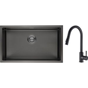 Lonheo max 74x44 Spoelbak Keuken - Met keukenkraan met uittrekbare uitloop - Onderbouwspoelbak in 304 RVS - Geborstelde Keuken Gootsteen - Spoelbak Met Afdruipgedeelte - Antraciet