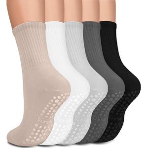 Yogasokken voor dames - 5 paar - Pilatessokken van katoen - Antislip yogasokken - Vloersokken - Geschikt voor ballet, yoga, dans, pilates en fitness - Khaki*Wit*Grijs*Lichtgrijs*Zwart