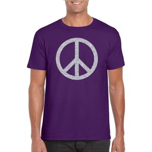 Paars Flower Power t-shirt zilveren glitter peace teken heren - Sixties/jaren 60 kleding XL