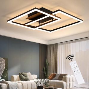 LED Plafondlamp Woonkamer Zwart Dimbaar met Afstandsbediening 61W met 3 Ringen Gemaakt van Acryl en Aluminium voor Slaapkamer Kantoor Keuken Studie - Ca. 82 * 58 * 15 cm - Drie lichte kleuren