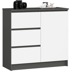 Ladekast JERRY met 3 Lades en 2 Deuren / AKORD Furniture Factory / Grafietgrijs - Wit / 80 x 77 x 35 cm