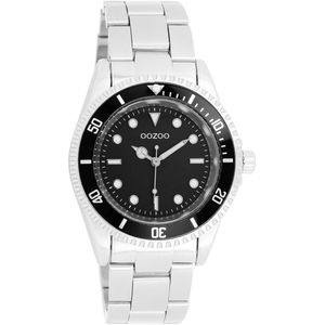 OOZOO Timepieces - Zilverkleurig/zwarte horloge met zilverkleurige roestvrijstalen armband - C11147