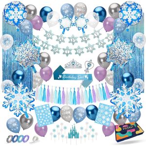 Fissaly 77 Stuks Frozen Thema Verjaardag Decoratie Feest Versiering – Feestpakket met ballonnen, taart decoratie, slingers, vlaggenlijn - Kinderfeestje Meisje