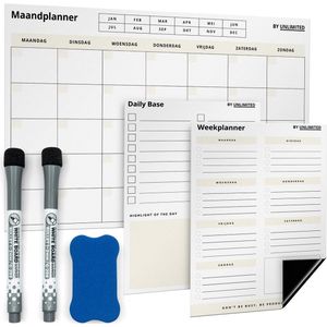 BY UNLIMITED Magnetische Planner Set - Maandplanner - Weekplanner - Daily Base - Familieplanner Planblok - Memoblok - Planborden - Whiteboard met Markers & Wisser - Familieplanner Magnetisch - Koelkast Planner