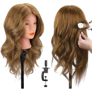 Kaphoofd van echt haar 45 cm oefenhoofd 100% echt haar cosmetica mannequin poppenhoofd met klem + doe-het-zelf haarkapselset lichtbruin met klemmen