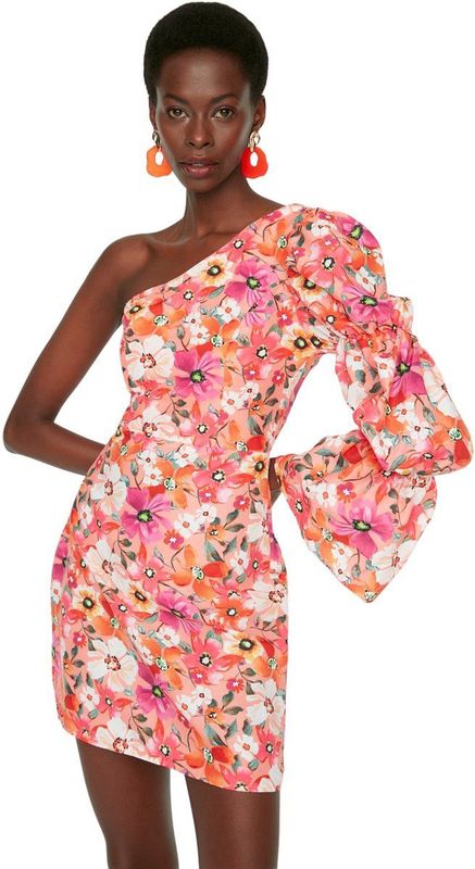 Trendyol - Tprss22El1280 - Korte Avondjurk - Oranje - Gevoerd met Bloemenmotief