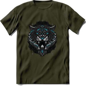 Tijger - Dieren Mandala T-Shirt | Lichtblauw | Grappig Verjaardag Zentangle Dierenkop Cadeau Shirt | Dames - Heren - Unisex | Wildlife Tshirt Kleding Kado | - Leger Groen - S