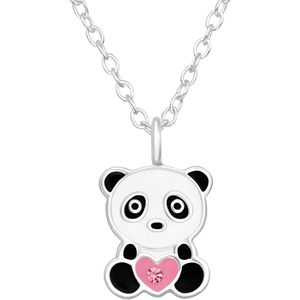 Joy|S - Zilveren panda hanger - inclusief ketting 39 cm (extra oogje bij 36 cm) - zwart wit met roze hartje
