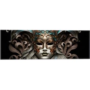 Vlag - Wit Venetiaanse carnavals Masker met Blauwe en Gouden Details tegen Zwarte Achtergrond - 60x20 cm Foto op Polyester Vlag
