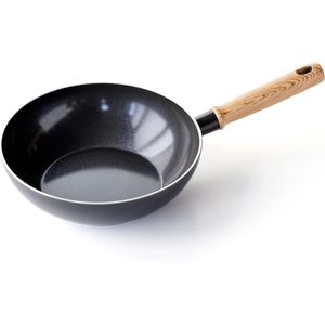 GreenChef Vintage Gezonde Keramische Antiaanbaklaag 24cm/2,5 Liter Wokpan, Hout Geïnspireerd Handgreep, PFAS-Free, Inductie Geschikt, Vaatwasmachinebestendig, Grijs