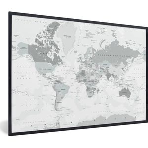 Fotolijst incl. Poster - Wereldkaart - Wit - Grijs - Aarde - 90x60 cm - Posterlijst