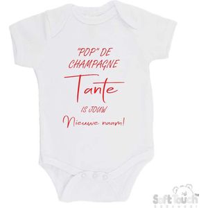 100% katoenen Romper """"Pop"" de champagne Tante is jouw nieuwe naam!"" Unisex Katoen Wit/rood Maat 68/74