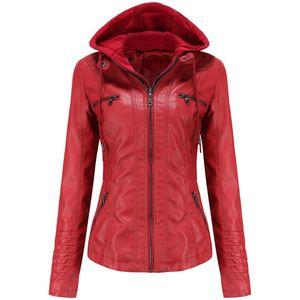 Dames PU leren jas met afneembare capuchon, lange mouwen met rits, moto riding jas, big size jas, dadel XXL maat