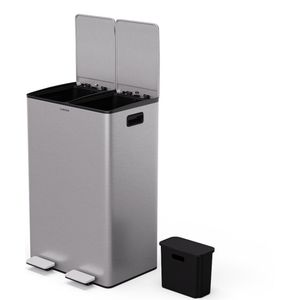 Klarstein - EcoVista - Prullenbak - Roestvrij Staal - 60L Afvalemmer met 2 Vakken en 3L Compostbak