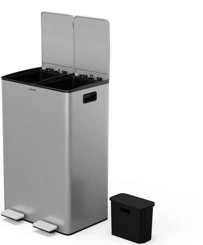 Klarstein - EcoVista - Prullenbak - Roestvrij Staal - 60L Afvalemmer met 2 Vakken en 3L Compostbak
