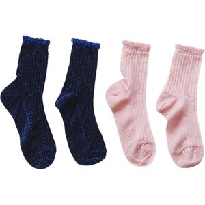 Glitter sokken set - 2 pack - 2 paar sokken - Blauw - Roze - One size