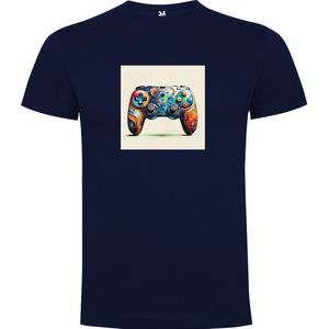 Donker Blauw T-Shirt met “ Kleurrijke Game Controller“ Print Full Color maat 104 / 3/4 jaar