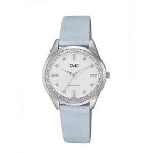 Mooi zilverkleurig dameshorloge van Q&Q model qc07j301y met lichtblauwe band , water resist