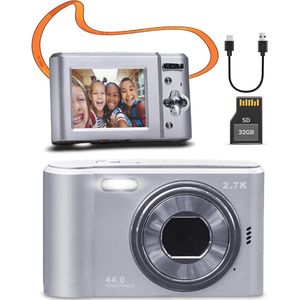 Pora&Co - Digitale Camera - Fototoestel - Digitale Fotocamera - Compact Camera - Vlog Camera - Voor Kinderen - Inclusief 32GB - Zilver