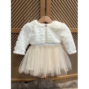 luxe feestjurk-bruidsjurk-doopkleding-tule jurk met jasje-bloemenmotief-baby jurk-tutu rok- tweedelige set- katoenen jurk met steentjes en bloem-bruidsmeisjes-doopsel-bruiloft-verjaardag-foto shoot- wit donkerbeige kleur - maat 80 - 9 tem 12 maanden