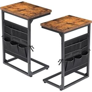 SHOP YOLO-bijzettafels-C-vorm banktafel set van 2 stuks-houten koffietafel met opbergvakken-banktafel woonkamer met metaal-Bruin