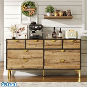 Gutent Dressoir - L 150*B 40*H 78cm - 8 laden - Zwart en Origineel hout - Goudkleurige metalen handgrepen - Metalen poten
