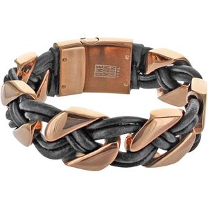 Hetty'S - Roséplated edelstalen - armband met zwart leer - magneet sluiting - 22 cm lang - 25 mm breed