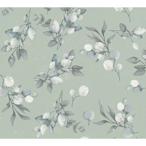 A.S. Création - Bloemenbehang - Groen Grijs Blauw - 10,05 m x 0,53 m - Hoogwaardige Vliesbehang