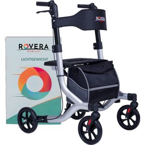 Rovera Mobility® Rollator Easy PREMIUM – Lichtgewicht en Opvouwbaar – Zachte Brede Rugsteun & Comfortabele Zitting – Incl. Luxe Rollatortas- voor Binnen & Buiten – Zilver