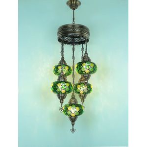 5 globe bollen Turkse hanglamp Oosterse kroonluchter groen mozaïek glas
