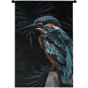 Wandkleed VogelKerst illustraties - Blauw met bruine vogel tegen een zwarte achtergrond Wandkleed katoen 60x90 cm - Wandtapijt met foto