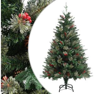 The Living Store Kerstboom met takken - 120 cm - PVC/PE/staal - groen - 238 PVC uiteinden - 43 PE uiteinden - 15 kleine dennenappels - 15 grote dennenappels - 30 rode bessen - scharnierende constructie