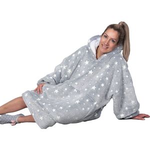 Q-Living Hoodie Deken - Oversized Hoodie - Snuggle Hoodie - Fleece Deken Met Mouwen - 1450 gram - Licht Grijs Met Sterren