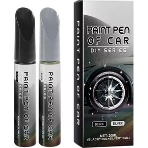 TLVX Velgen Schade Reparatie Lakstift Zwart + Zilver / Velg Schade Pen met Kwastje / Velgschade Verf / Lichtmetalen Velg Kras Herstel / Wielnaaf Reparatie Pen / Wieldoppen reparatie verf / Krassen verwijderen / 20ML / Permanent / Waterproof