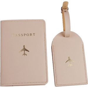 Paspoort hoesje met kofferlabel - Paspoorthouder - Bagage label - Vliegen - Vakantie - Beige / Goud - PU leer - 11 cm x 17 cm