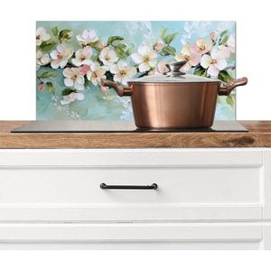 Spatscherm keuken 70x30 cm - Kookplaat achterwand Bloesem - Bladeren - Lichtblauw - Muurbeschermer - Spatwand fornuis - Hoogwaardig aluminium
