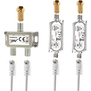 TronicXL Premium 2-voudige antenneverdeler splitter met 40dB (2 x 20dB) satellietversterker digitaal HD I voor satelliet TV DVBT DVBS Unicable 3D 4K HDTV I verdeler zachte inline voor 2 tv's