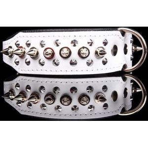 Dog's Companion Leren Halsband - met Spikes - Lengte: 45cm Verstelbaar van: 32-41 cm x 40 mm - Wit/Zwart