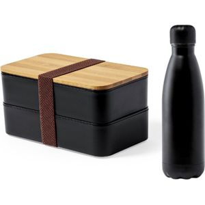 OneTrippel - Lunchbox met Thermosfles - Broodtrommel - Thermosbeker - Lunchbox volwassenen - Zwart - Set van 2