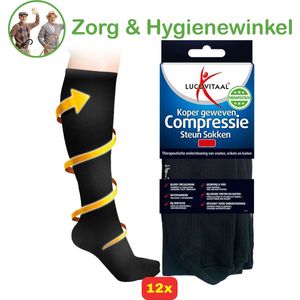 12x Koper Geweven Compressie Steun Kousen - Maat 42-47 (Zwart) - Voordeelverpakking!