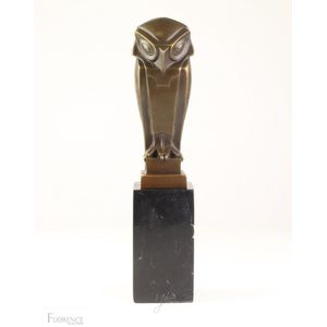 Art Deco Uil, Bronzen beeld op marmer sokkel, Dieren sculptuur, Beeldhouw kunst decoratie