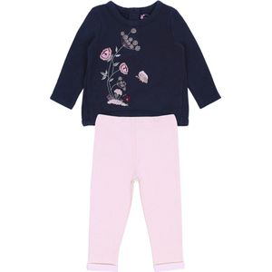 Marineblauwe blouse met bloemmotief + roze legging