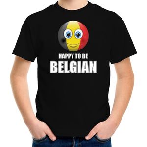 Belgie Happy to be Belgian landen t-shirt met emoticon - zwart - kinderen - Belgie landen shirt met Belgische vlag - EK / WK / Olympische spelen outfit / kleding 146/152