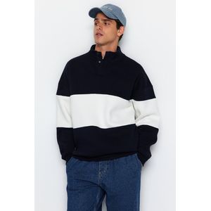 Trendyol Marineblauwe Oversized/Brede Snit, Opstaande Kraag, Kleurblok Aan De Binnenkant, Polar Fleece/Warme Trui Tmnaw24Sw00160