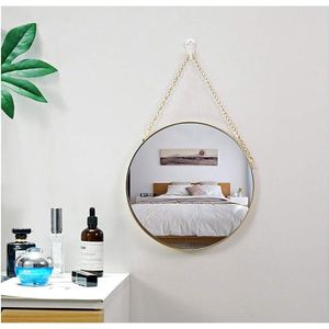 Hangende spiegel, 25 x 25 cm, rond, badkamerspiegel, messing frame met hangende ketting, eenvoudige stijl [klein formaat]