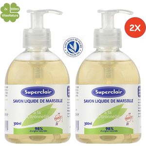 Marseille vloeibare zeep 2x300ml | Verrijkt met essentiële olie van citroengras en glycerine | Superclair