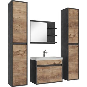 Badplaats Badkamermeubel Set India XL 60 x 35 cm - Donker Grijs met Kastanje Eiken - Badmeubel met spiegel en zijkasten