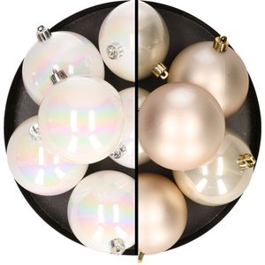 12x stuks kunststof kerstballen 8 cm mix van parelmoer wit en champagne - Kerstversiering