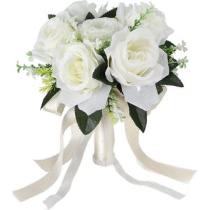 Zijden bloemen bruidsboeket - Faux rozen - Bruidsboeket voor bruidshandboeket - Bruidsmeisjes handboeket (Melkwit wit) .